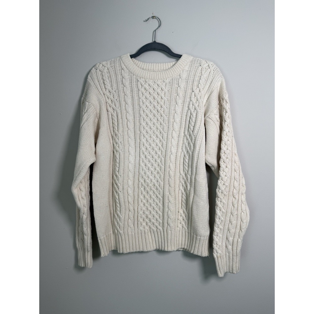 Vintage Eddie Bauer Sweater Men's Sz M Cream Cable Knit Fisherman Crew Neck